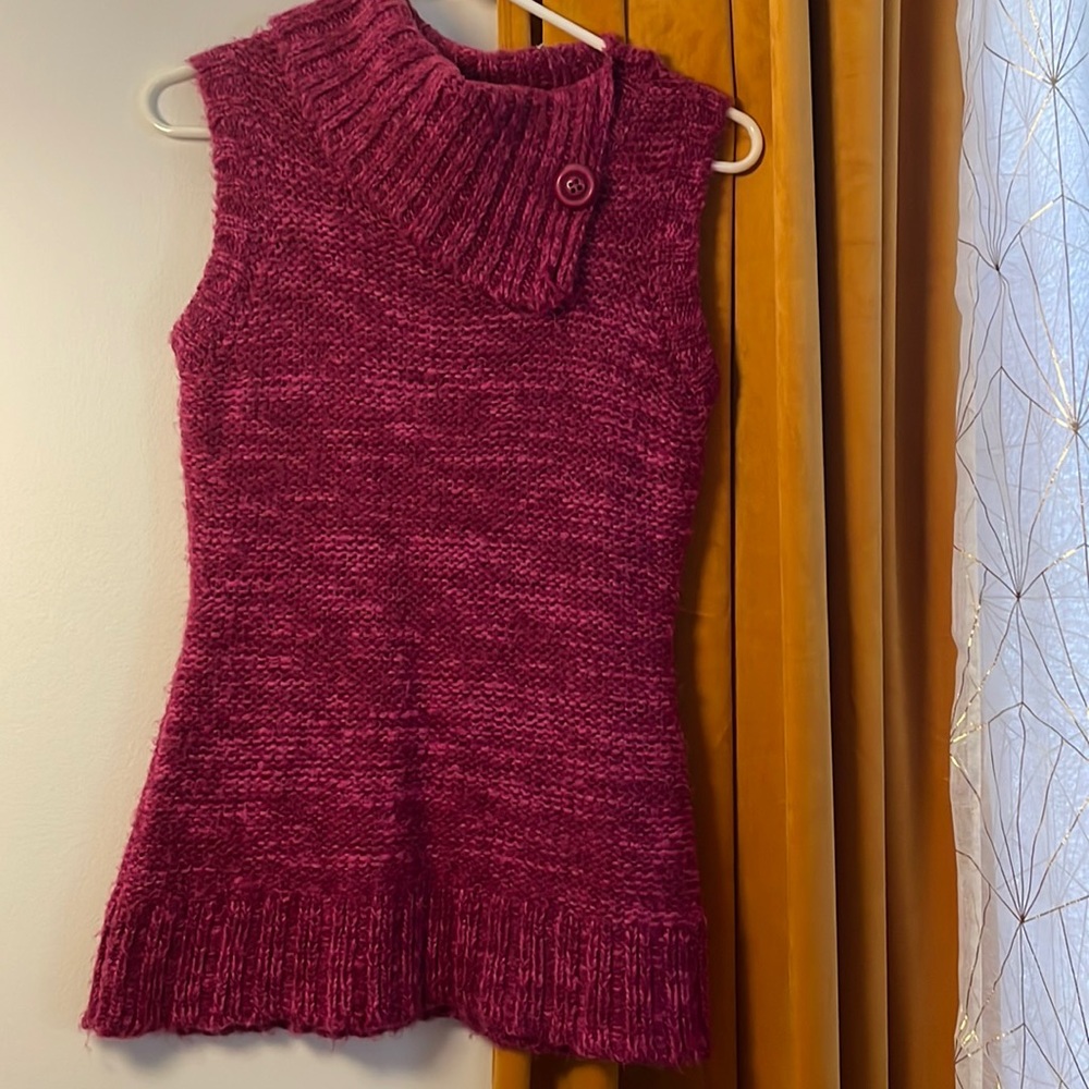 Sleeveless fuschia sweater cowl neck button detail Questions by Say What Small